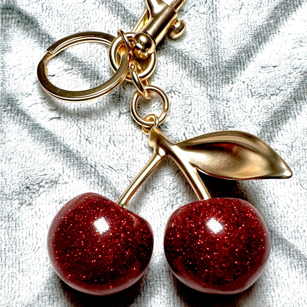 Gorgeous Gold Keychain with Glittery Deep Red Cherries 🍒